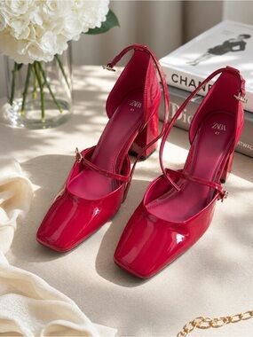 ZARA Patent Red Block Heel Mary Jane Pumps | Size 41 (US 10/10.5)